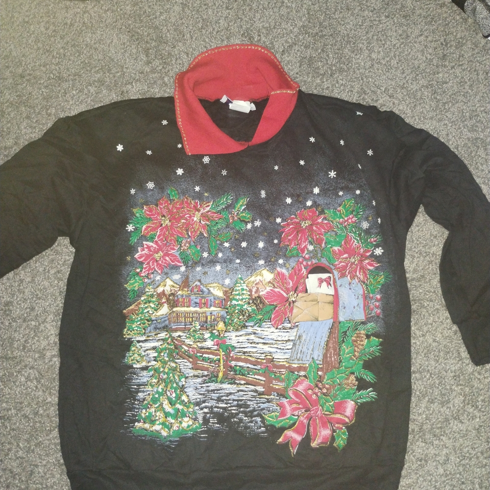 Festive Black Holiday Sweater with Red Accents